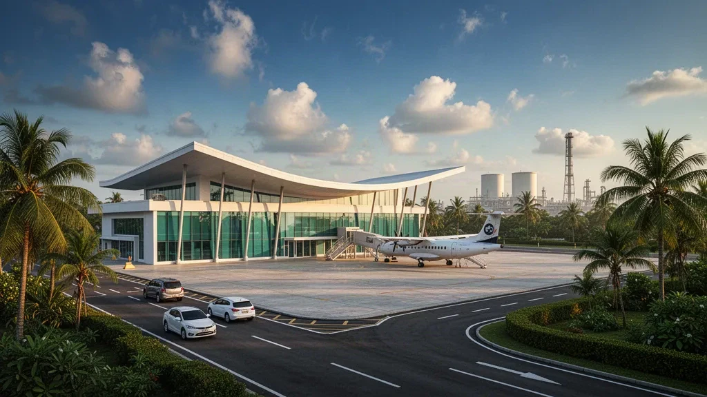 Doğu Kalimantan, Bontang'daki LNG Badak Havalimanı'nda palmiyeler ve sıcak kıyı ışığıyla çevrili modern tropikal terminal ve apron.