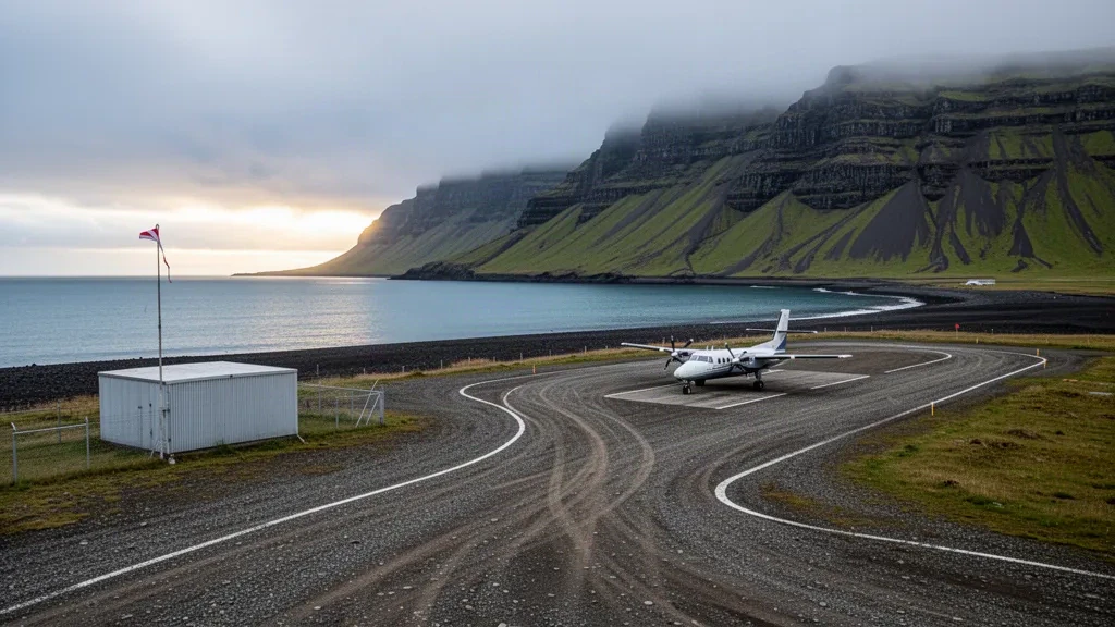 Pista costiera in ghiaia presso l'aeroporto di Breiðdalsvík, nell'Islanda orientale, incorniciata dalle acque del fiordo e da ripidi pendii montuosi