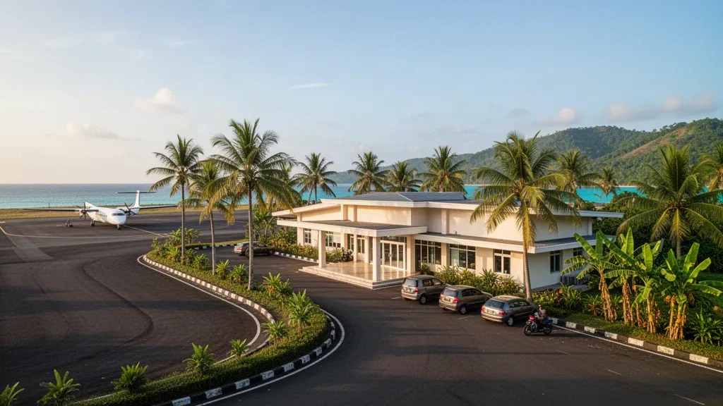 Terminal tropical pequeño y moderno en el aeropuerto Harun Thohir, en la isla de Bawean, Java Oriental, con zona de desembarque bordeada de palmeras y luz matinal clara.