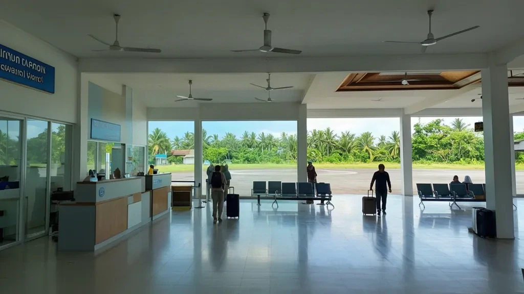 Vista interior de la terminal del aeropuerto Harun Thohir en la isla de Bawean, con mostradores de facturación y luz tropical.