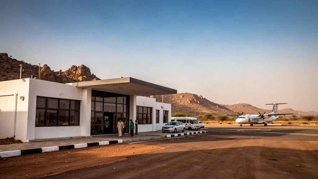 Pequeña terminal aeroportuaria y plataforma en el aeropuerto de Borama, en Somalilandia, bajo una cálida luz dorada semiárida
