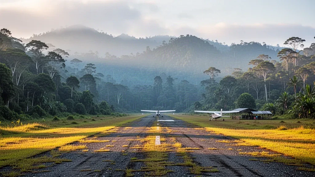 Pista de aterrizaje tropical remota en el aeropuerto de Bunsil, en Papúa Nueva Guinea, rodeada de selva densa y crestas montañosas neblinosas al amanecer
