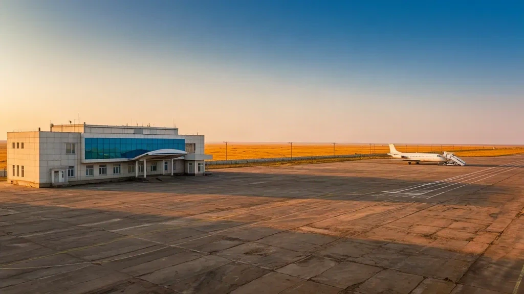 Baikonur Krayniy Airport terminal in Kazakhstan seen from the apron, with a parked jet and the flat steppe horizon at golden hour