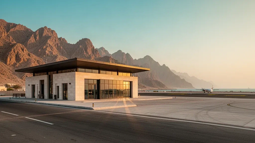 Modernes Flughafenterminal in Dibba in der Region Musandam im Oman, umrahmt vom zerklüfteten Hajar-Gebirge in warmem Licht zur goldenen Stunde