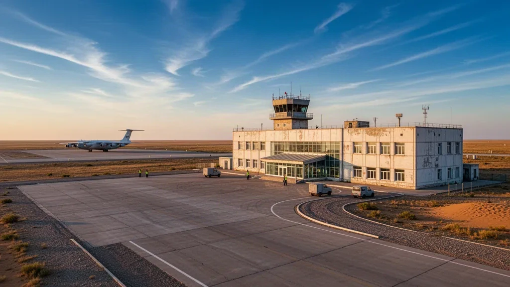Amplia vista durante la hora dorada de la terminal del aeropuerto Baikonur Krayniy y la plataforma vacía en la estepa kazaja, con una aeronave de carga en la distancia.