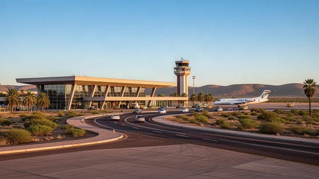 Modernes Terminal und Startbahn am Flughafen Yacuiba in Bolivien mit warmem Licht am späten Nachmittag und offener Fläche für Overlays auf Reiseseiten.
