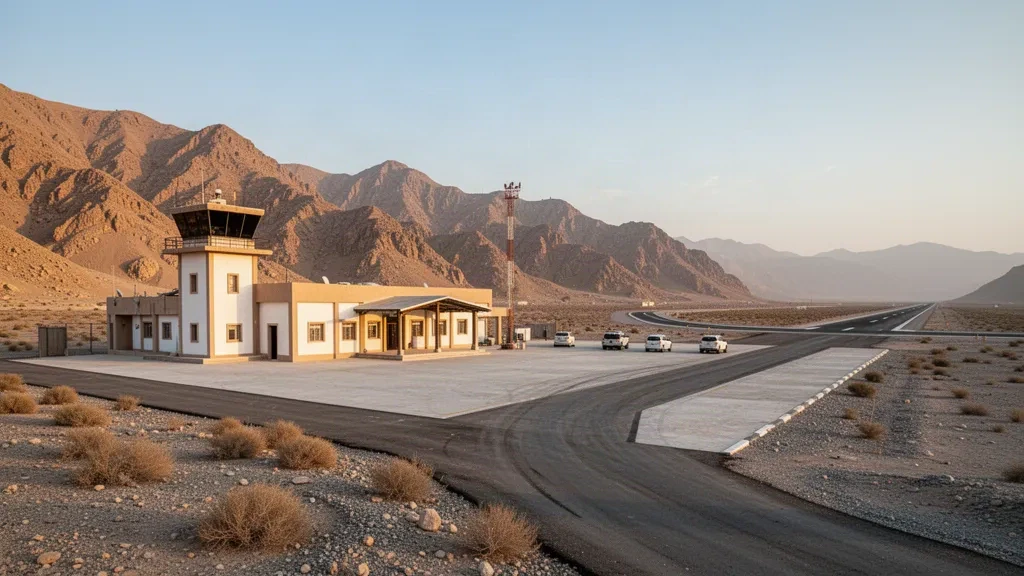 Small highland terminal and paved apron at Al Bayda Airport in Yemen, framed by dry mountains under warm late-afternoon light.