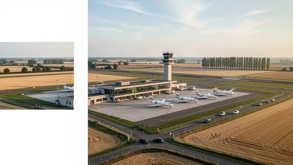 Terminal moderna de baja altura y torre de control en el aeropuerto Albert-Bray, en Méaulte, Somme, con plataforma, calle de rodaje y tierras de cultivo bajo una suave luz matinal