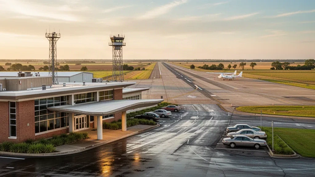 Veduta all'ora d'oro del terminal basso e della lunga pista dell'aeroporto Arkansas International vicino a Blytheville