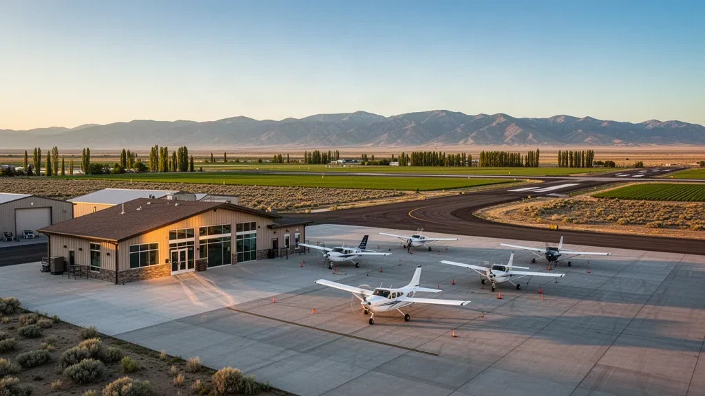 Small municipal airport terminal and aircraft ramp at golden hour near Burley, Idaho, with distant mountains beyond the airfield.