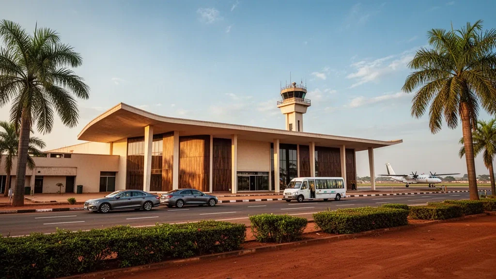 Modern low-rise terminal and palm-lined curbside drop-off lane at Bouaké Airport in Côte d'Ivoire under warm golden-hour light