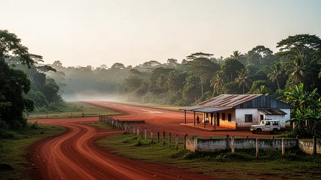 Pequeña pista de aterrizaje rural y modesto edificio terminal en el Aeropuerto Bella Yella en Liberia, rodeado de densa selva tropical bajo una suave luz matutina.