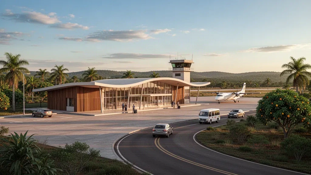 Modernes, niedriges Terminal am Flughafen Bonito in Mato Grosso do Sul, Brasilien, umrahmt von tropischem Cerrado-Grün im goldenen Licht.