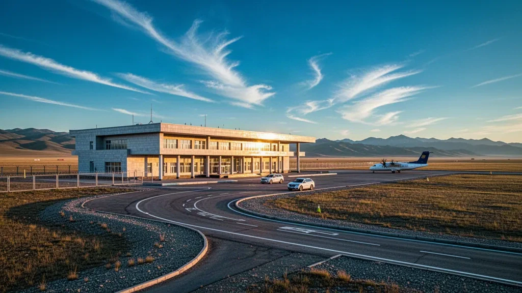 Terminal moderne de faible hauteur à l'aéroport de Bayankhongor en Mongolie, entouré de steppe herbeuse ouverte et de montagnes lointaines à l'heure dorée.