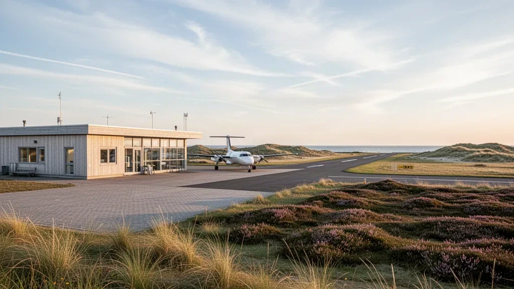 Niedriges Terminalgebäude und ruhiges Vorfeld am Flughafen Læsø in Dänemark, umrahmt von Heide, Gras und offenem Küstenhimmel