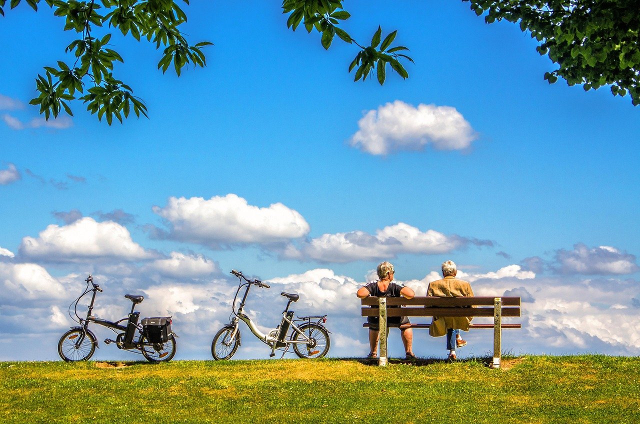 hombre, mujer, naturaleza, bicicleta, bici, aire, cielo, banco, paz, personas, pareja