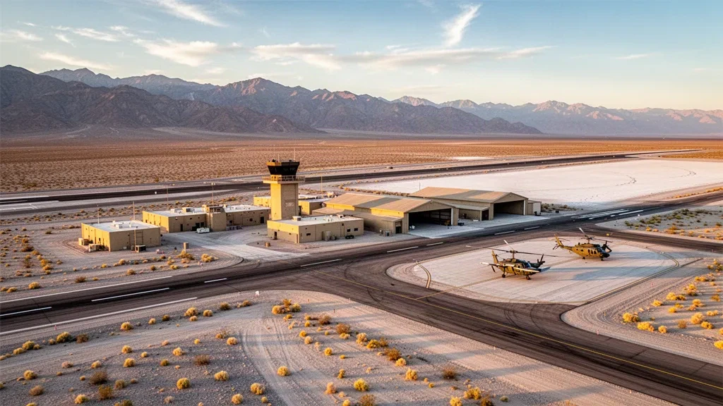 Veduta all'ora d'oro della pista desertica e dei bassi edifici del Bicycle Lake Army Airfield nel deserto del Mojave vicino a Fort Irwin, California