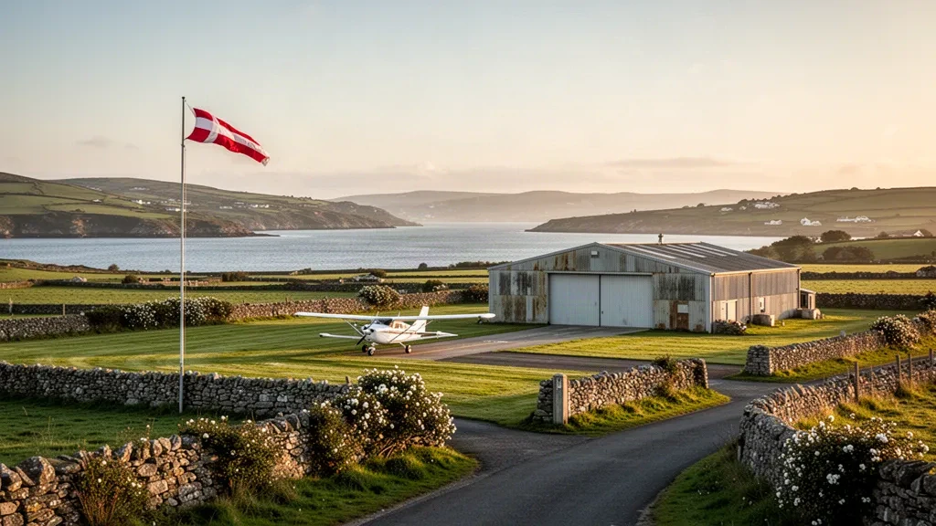 Leichtflugzeug auf einer grünen Graslandebahn am Bantry Aerodrome mit Hügeln von West Cork und Küstengewässern dahinter