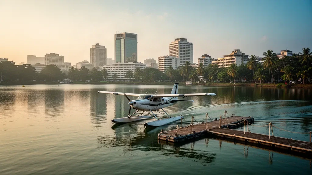 Wasserflugzeug am Steg der Wasserflugzeugbasis Beira Lake in Colombo, Sri Lanka, mit Skyline der Stadt und ruhigem Wasser zur goldenen Stunde.