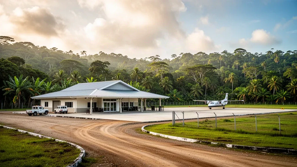 Small tropical airport terminal, apron and rainforest hills at San Pedro Airport in Bonanza, Nicaragua, in warm late-afternoon light