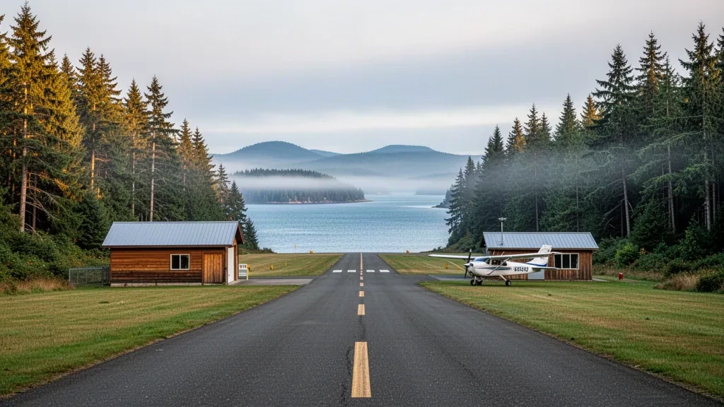 Petite piste d'atterrissage insulaire à l'aéroport de Blakely Island entourée d'une forêt de conifères et de brume matinale dans les îles San Juan, dans l'État de Washington.