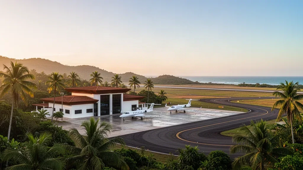 Terminal de baja altura y jets privados en la plataforma del Aeropuerto Umberto Modiano en Búzios, Brasil, rodeados de palmeras con luz de hora dorada.