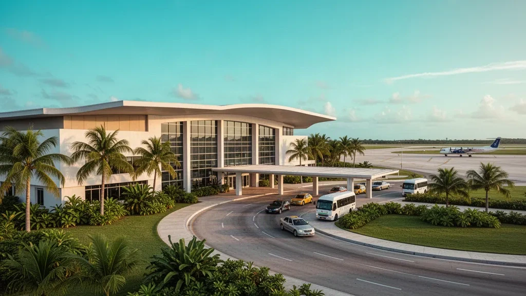 Extérieur tropical du terminal de l'aéroport international Philip S. W. Goldson près de Belize City, avec des palmiers, des voies de dépose et une lumière caribéenne chaleureuse