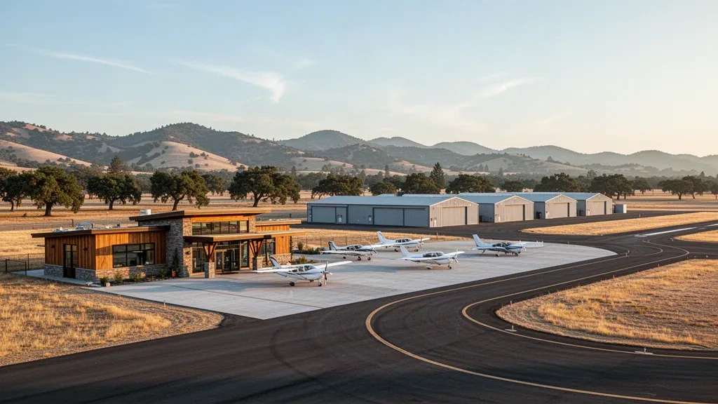 Small general aviation apron and hangars at Benton Field in Redding, California, under warm late-afternoon light