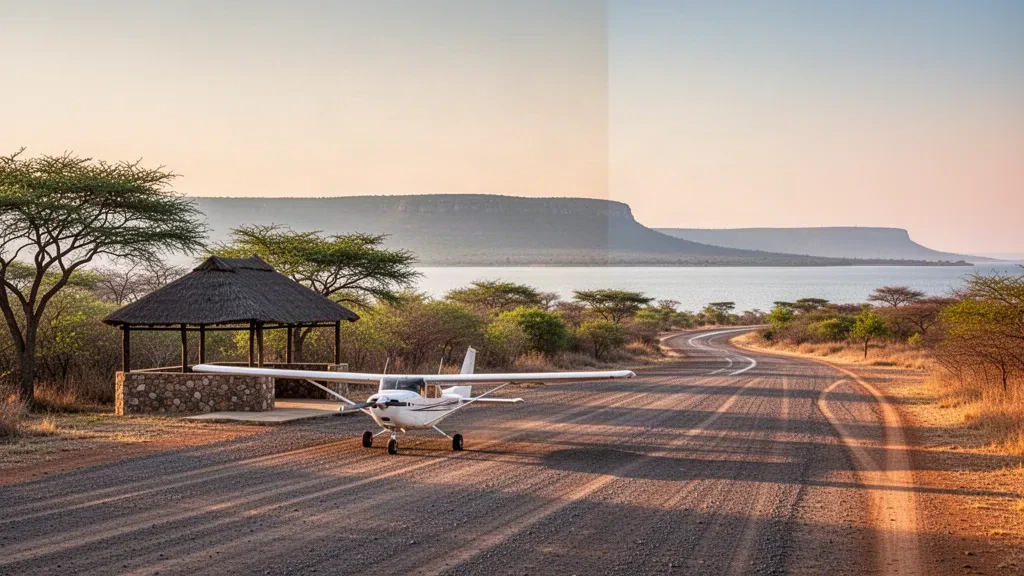 Blick zur goldenen Stunde auf eine kleine Safari-Piste nahe Bumi Hills am Karibasee, mit einem abgestellten Leichtflugzeug und offenem Buschveld