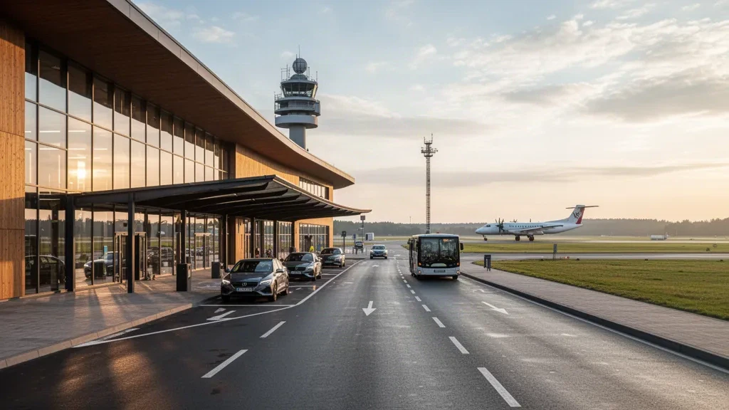 Ignacy Jan Paderewski Bydgoszcz Havalimanı'nda modern cam terminal binasının dış cephesi, park halindeki bir uçak ve gün batımı ışığında yol kenarı bırakma şeridi