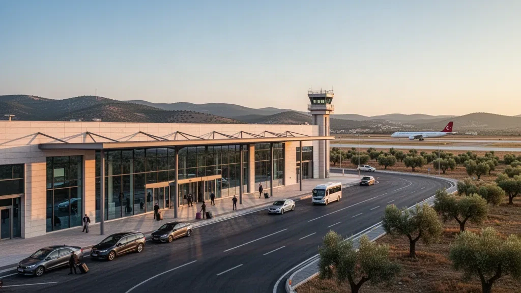 Modernes Glasterminal und Vorfahrtspur am Flughafen Balıkesir in der Türkei, umrahmt von sanften Hügeln im warmen Licht der goldenen Stunde
