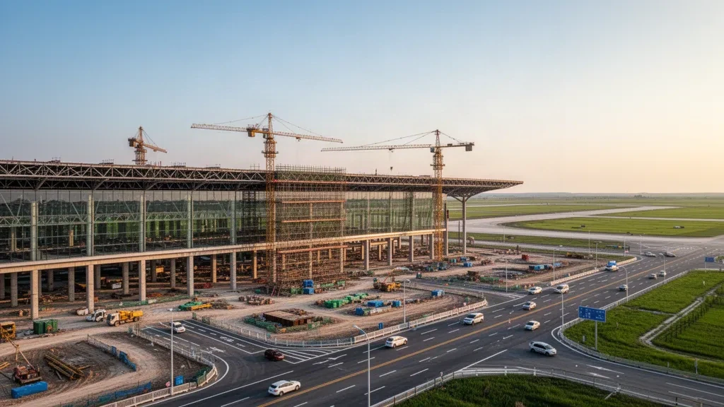 Modern terminal under construction at Bozhou Airport in Anhui, China, with cranes, glass facade and runway at golden hour.