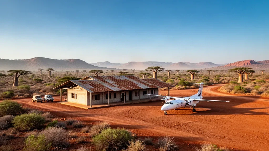 Remote laterite airstrip and small terminal at Bemolanga Airport in western Madagascar's semi-arid savanna at golden hour