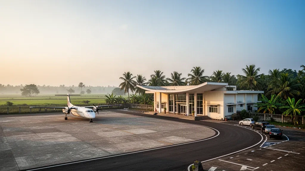 Edificio terminal basso e piazzale bordato di palme all'Aeroporto di Barisal nel Bangladesh meridionale con calda luce dorata