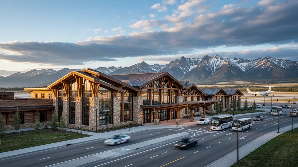 Terminal moderna de madera y piedra en el Aeropuerto Internacional de Bozeman Yellowstone con las montañas Bridger elevándose detrás