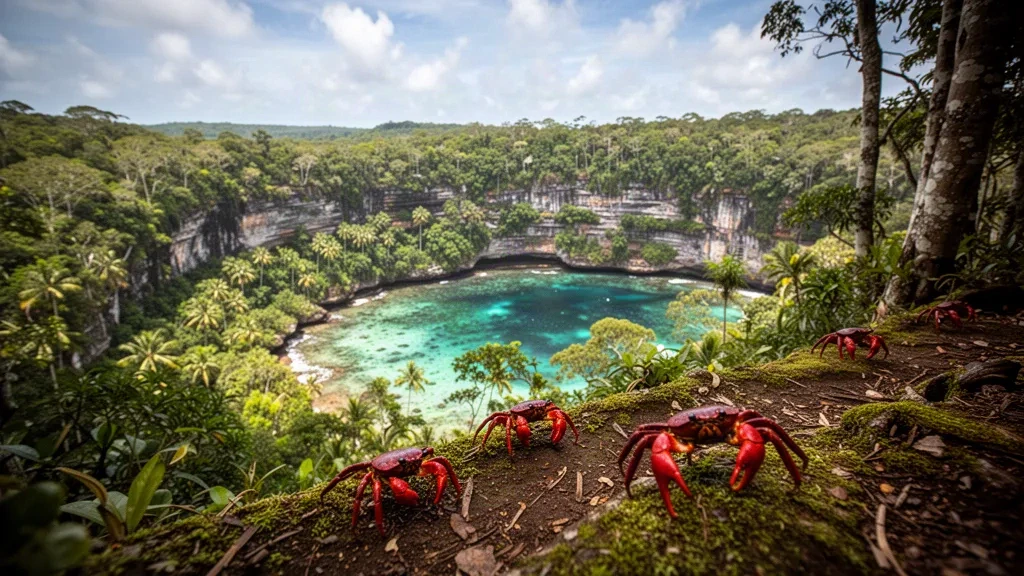 Turquoise coral bay and rainforest-covered limestone cliffs on Christmas Island with red crabs crossing a forest track