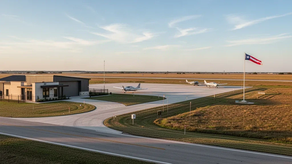 Eagle Air Park (BZT) in Brazoria, Texas, mit Hangars, befestigtem Vorfeld, Start- und Landebahn und abgestellten Leichtflugzeugen zur goldenen Stunde.