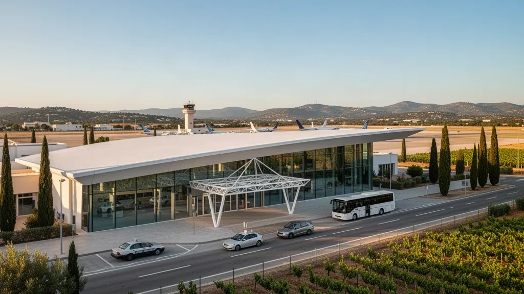 Moderno terminal in vetro e corsia di scarico all'Aeroporto di Béziers Cap d'Agde nel sud della Francia, immersi nella calda luce mediterranea