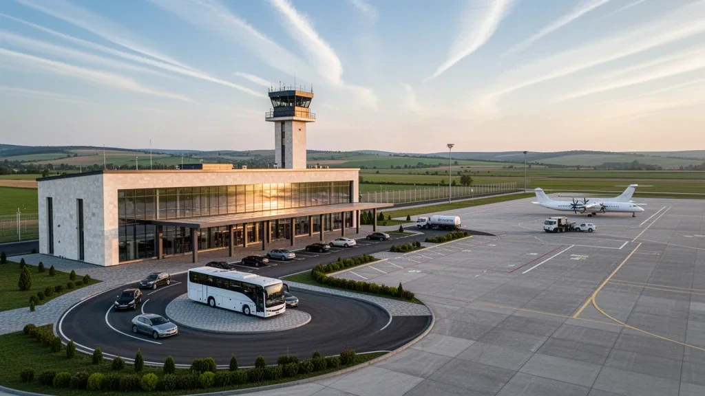 Modern glass terminal and apron at Bălți-Leadoveni International Airport in northern Moldova under warm golden-hour light