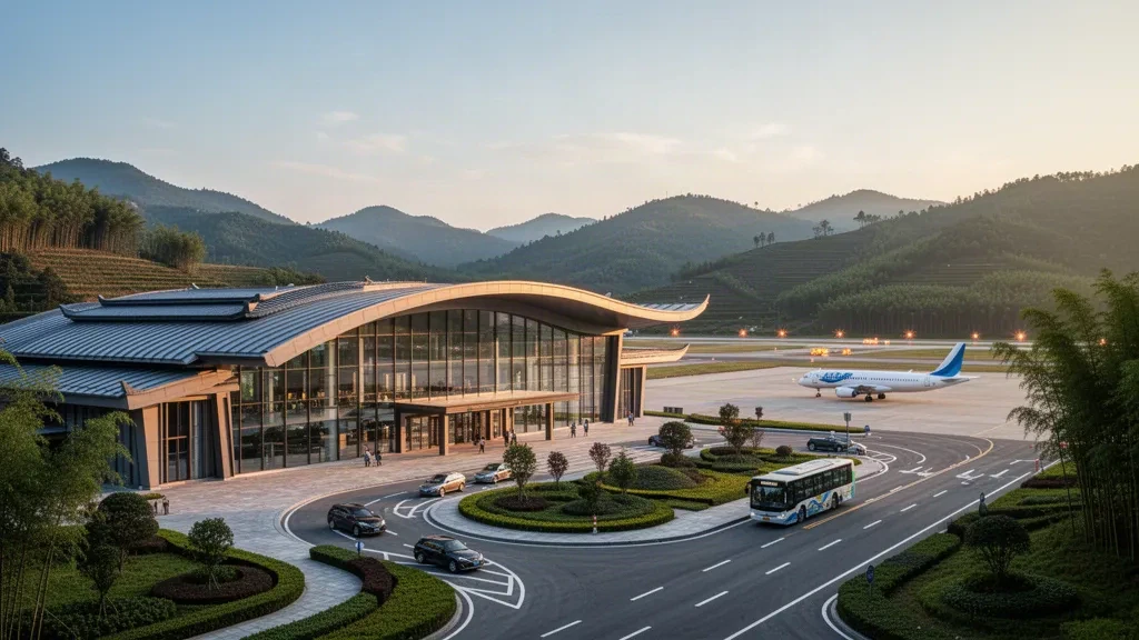 Bâtiment terminal moderne et courbé et voies de dépose à l'aéroport de Bazhong Enyang dans le Sichuan, encadrés par des collines verdoyantes à l'heure dorée