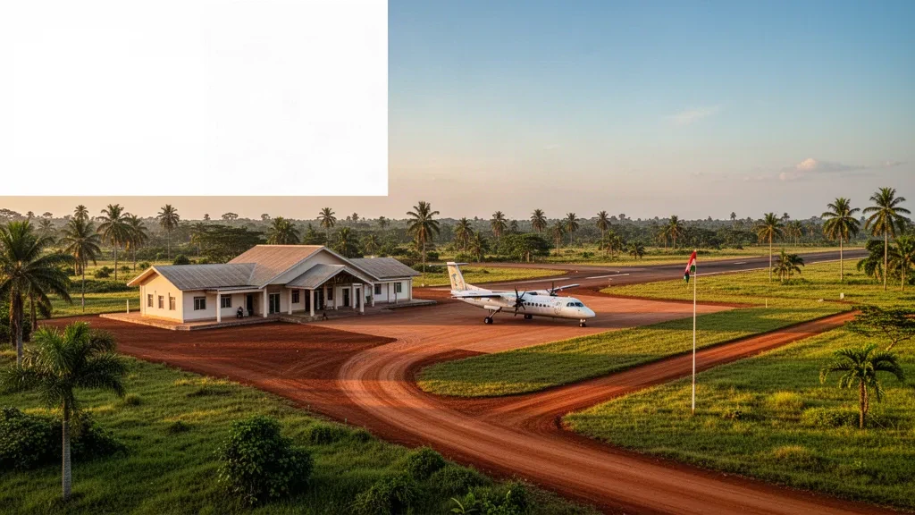 Weitwinkelansicht des Flughafens Buta Zega in der Demokratischen Republik Kongo mit tropischer Start- und Landebahn, kleinem Terminal und abgestellten Turboprop-Flugzeugen.
