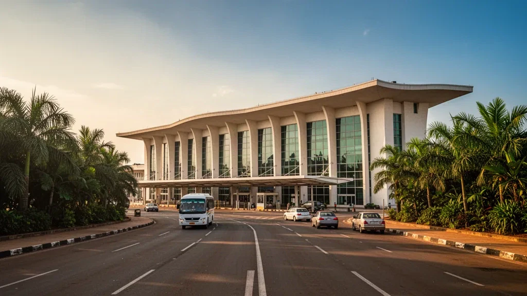 Brazzaville'deki Maya-Maya Uluslararası Havalimanı'nda modern cam terminalin ve yolcu indirme şeritlerinin altın saatlerdeki görünümü