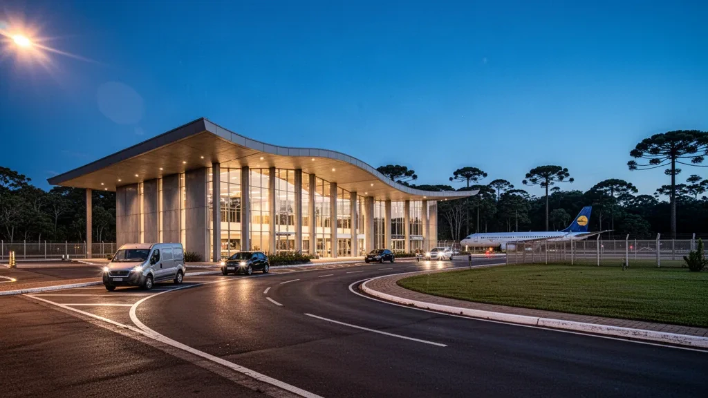 Beleuchtetes modernes Glasterminal mit geschwungener Überdachung am Flughafen Coronel Adalberto Mendes da Silva in Cascavel in der Dämmerung, mit Bringspuren und subtropischem Grün
