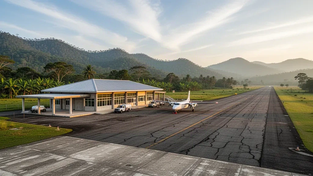 Catacamas, Honduras'a hizmet veren El Aguacate Havalimanı'ndaki küçük bölgesel terminal ve dağlarla çevrili pist