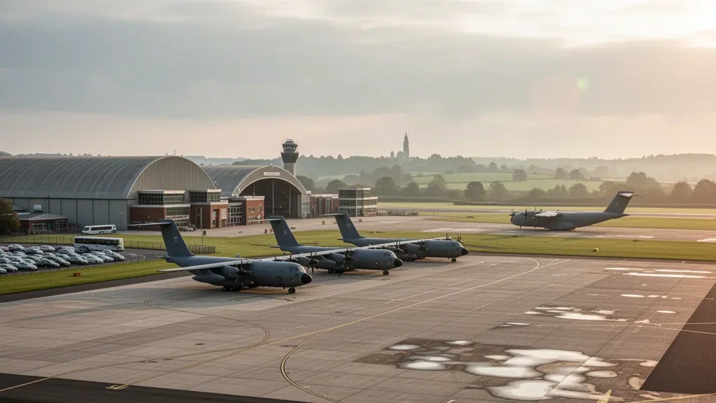 Aire de stationnement de l'aérodrome de RAF Brize Norton avec de grands avions de transport militaire, des hangars et une piste sous un ciel doux de soirée dans l'Oxfordshire