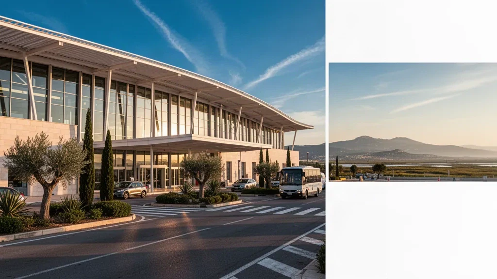 Modern glass terminal exterior at Cagliari Elmas Airport in Sardinia, with drop-off lanes and warm Mediterranean evening light