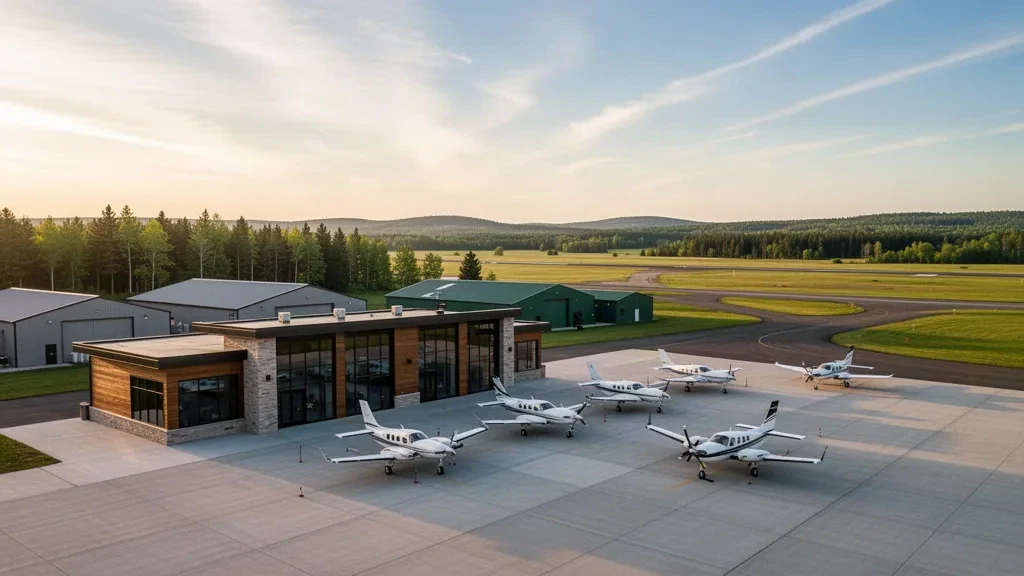 Modernes Terminal und Vorfeld mit Flugzeugen am Wexford County Airport nahe Cadillac, Michigan, in warmem Licht zur goldenen Stunde