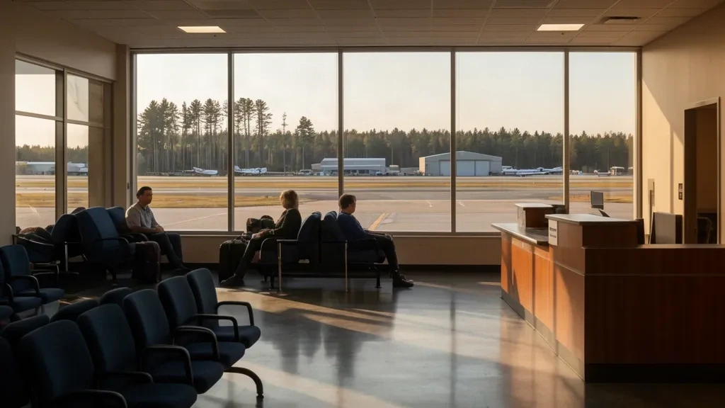 Innenraum des kleinen Terminals des Wexford County Airport in Cadillac, Michigan, mit Sitzbereich und Fenstern mit Blick auf die Start- und Landebahn.