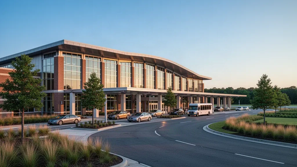 Moderner Terminal mit Glas- und Ziegelfassade und Vorfahrspuren am Columbia Metropolitan Airport im Licht der goldenen Stunde