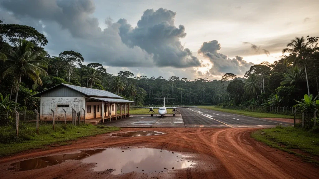 Petit terminal d'aéroport régional et piste unique bordée par la dense forêt amazonienne à Carauari, Amazonas, Brésil